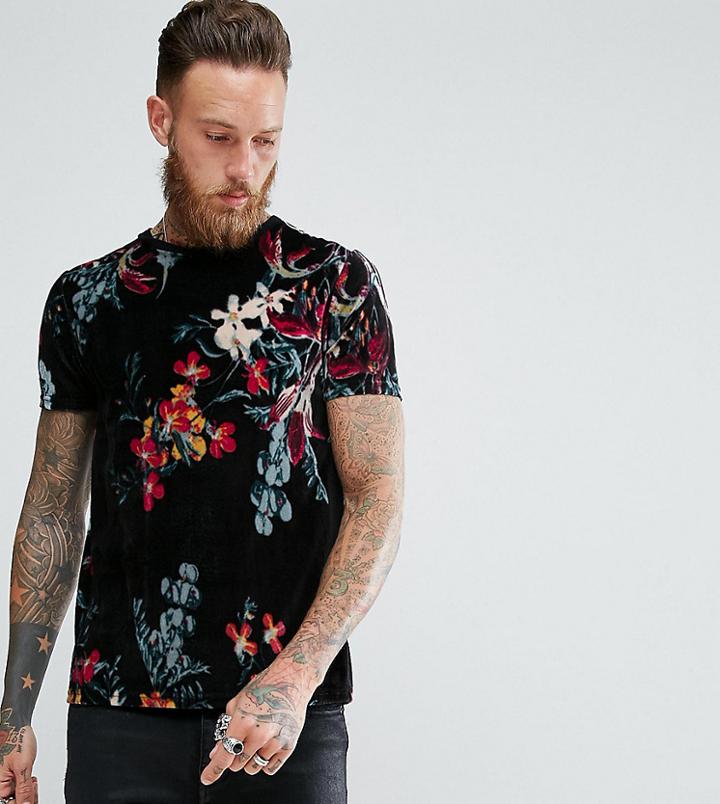 Reclaimed Vintage Inspired Ringer T-shirt In Black Velour With Floral Print - Black