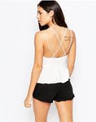 Neon Rose Cami Top With Peplum Hem And Strap Back - White