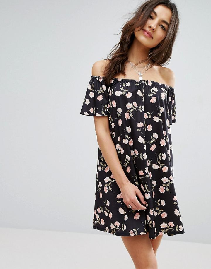 Asos Off Shoulder Dress In Dark Floral - Multi