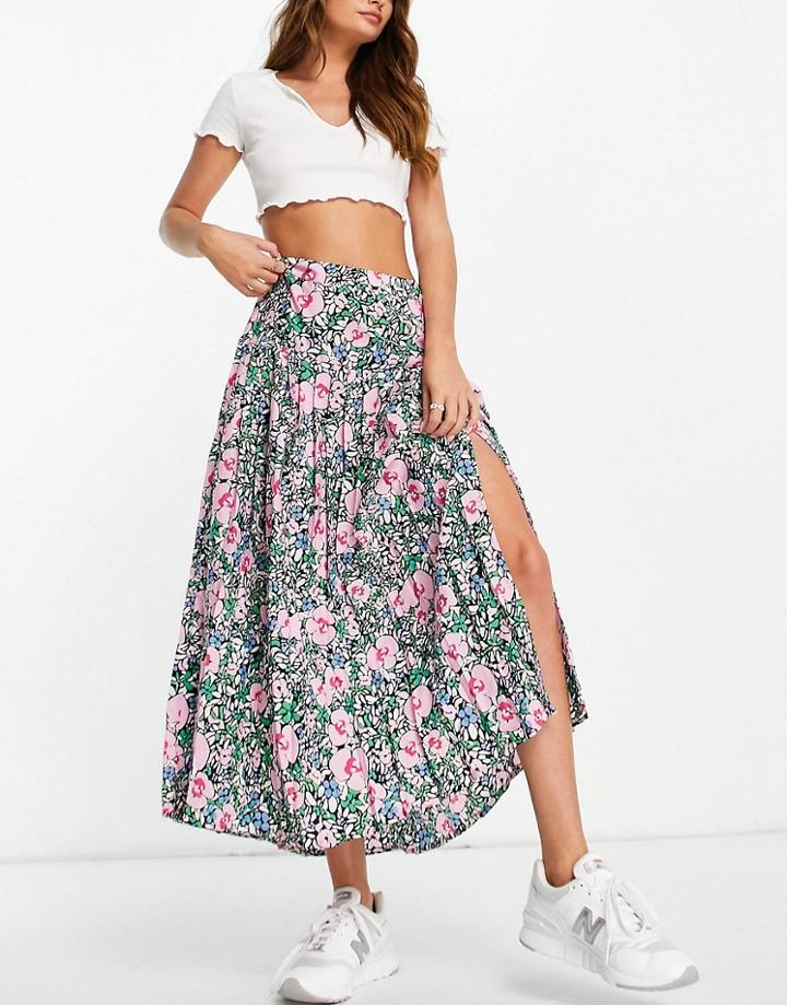 Neon Rose Midi Pleated Skirt With Front Split In Bright Floral-pink