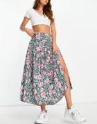 Neon Rose Midi Pleated Skirt With Front Split In Bright Floral-pink