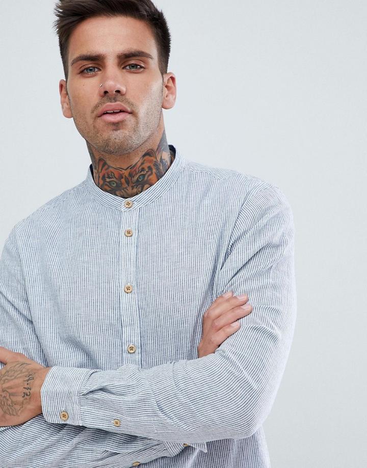Blend Micro Stripe Grandad Collar Shirt - Blue