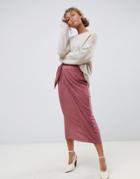 Asos Design Wrap Midi Skirt With Tie Front - Pink