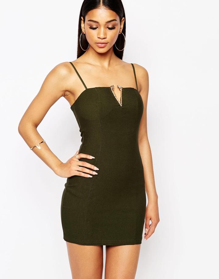 Rare London V Bar Body-conscious Dress With Tiger Head Detail - Olive Green