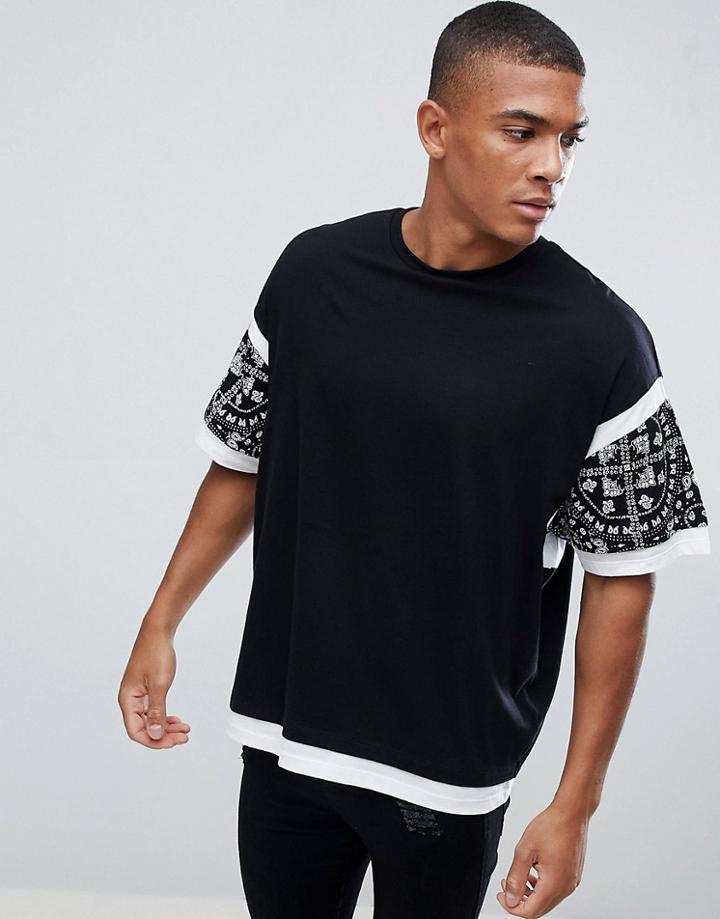 Asos Design Oversized T-shirt With Color Block And Paisley Print - Black
