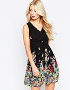 Yumi Wrap Front Dress In Petal Border Print - Black