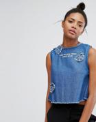 Ziztar Denim Tank Top With Floral Applique - Blue