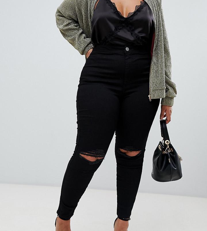 Asos Design Curve Rivington High Waisted Jeggings With Frayed Knee Rip Detail