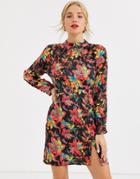 Dusty Daze Mini Dress With High Collar And Clasps In Dark Floral Print-black