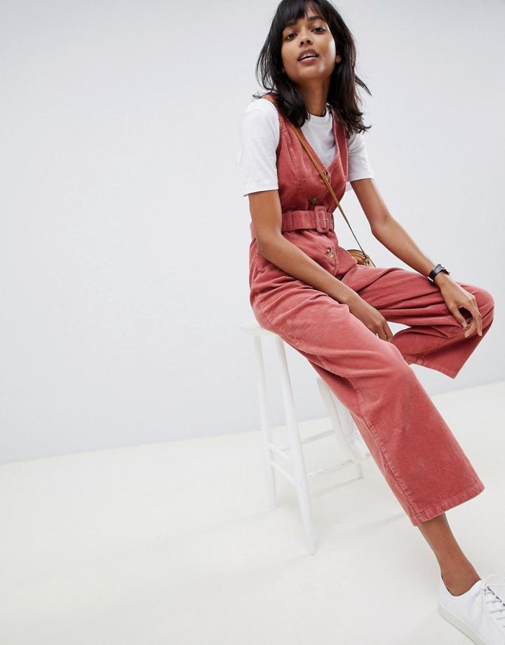 Asos Design Cord Button Through Belted Jumpsuit In Red Brick