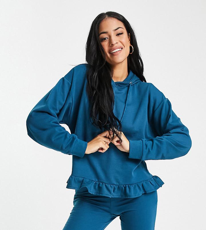 Influence Tall Frill Hem Hoodie In Teal - Part Of A Set-blues
