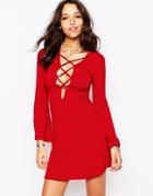 Boohoo Plunge Neck Dress With Lace Up - Red