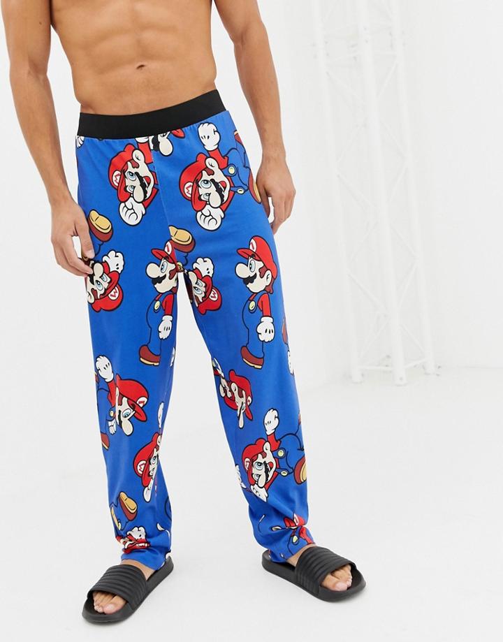 Asos Design Straight Leg Pyjama Bottoms In Super Mario Design - Blue