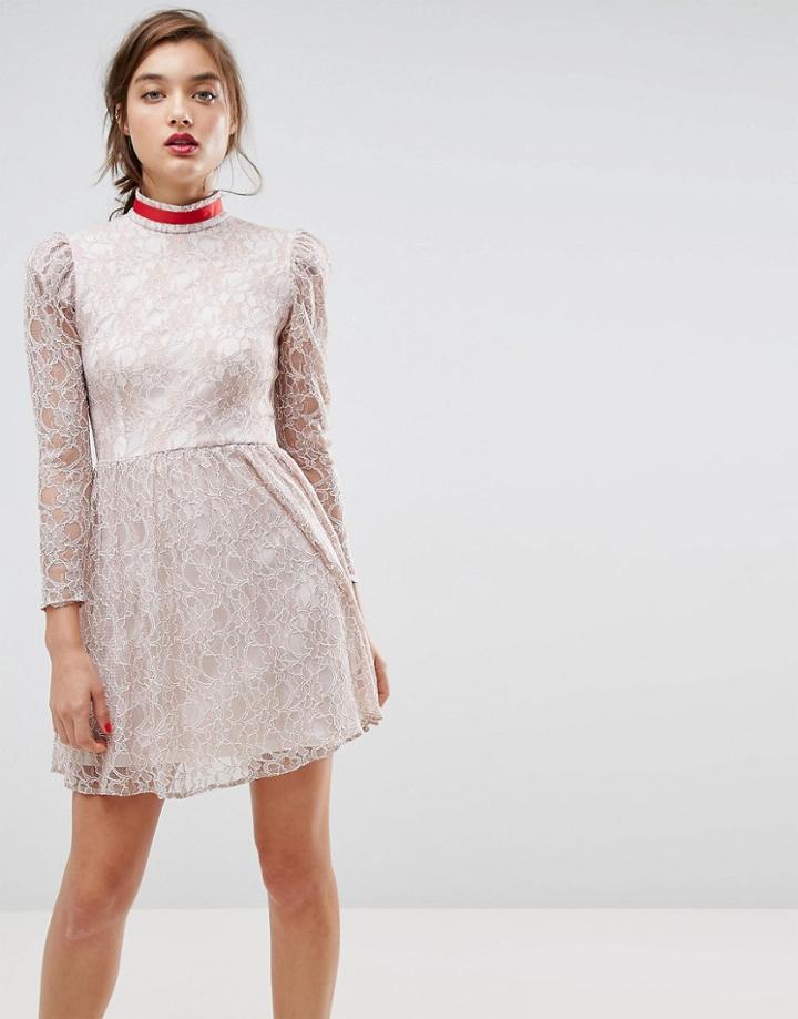Asos Lace Puff Sleeve Mini Dress With Ribbon Neck - Gray