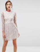 Asos Lace Puff Sleeve Mini Dress With Ribbon Neck - Gray
