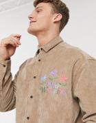 Asos Design 90s Oversized Chunky Cord Shirt In Tan With Embroidery Slogan-neutral