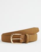 Asos Design Faux Suede Slim Belt In Tan With Gold Buckle - Tan