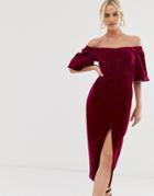 Asos Edition Off Shoulder Puff Sleeve Pencil Dress In Velvet - Pink