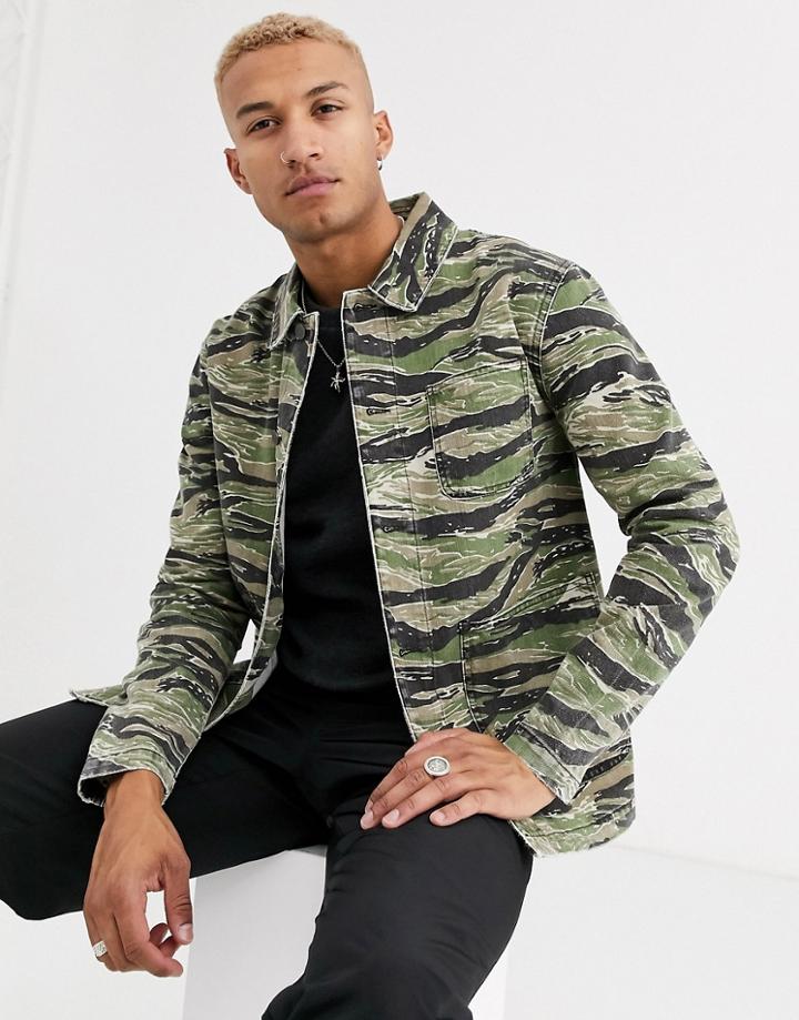 Asos Design Denim Worker Jacket In Camo Print-green