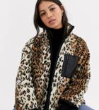 Asos Design Petite Leopard Fleece Jacket With Binding Detail-multi