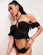 Asos Design V Wire Textured Mesh Longline Bikini Top With Frills In Black