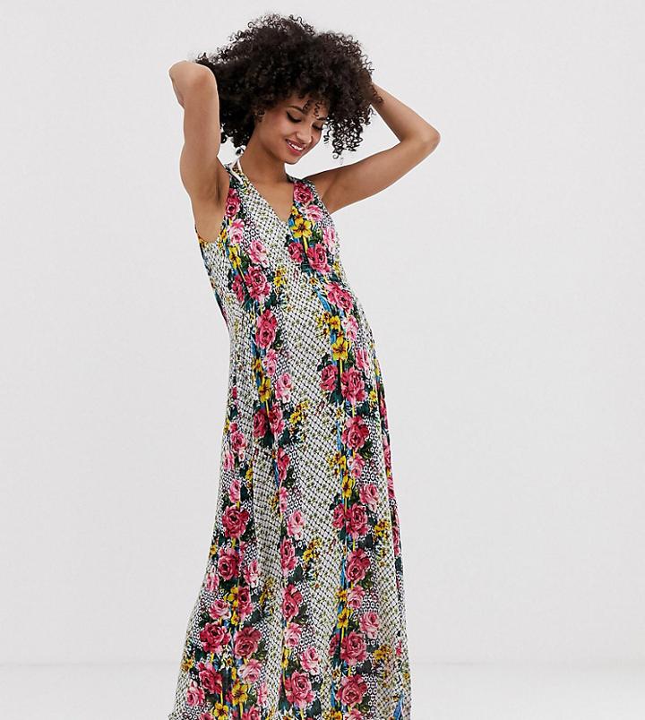Asos Design Maternity Maxi Beach Dress With Ruched Waist Detail In Floral Tile Print-multi