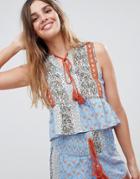 Glamorous Folk Top With Peplum Hem And Tassle Ties In Patchwork Print Two-piece