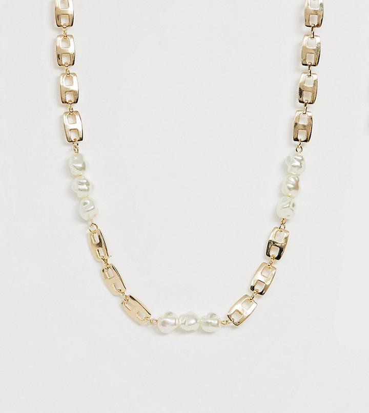Reclaimed Vintage Chain Necklace With Faux Pearl Detail - Gold