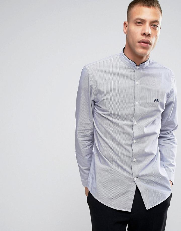 Lindbergh Striped Collarless Shirt Slim Fit In Navy - Navy
