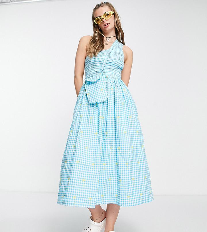 Collusion One Shoulder Shirred Gingham Midi Dress With Embroidery In Blue