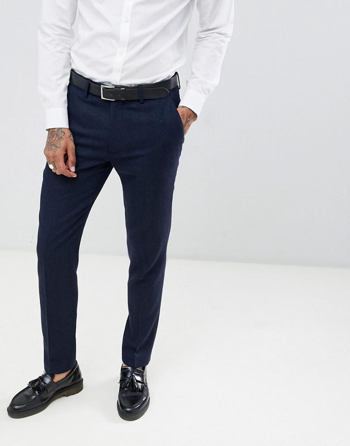 Gianni Feraud Slim Fit Large Navy Herringbone Wool Blend Suit Pants - Navy