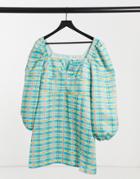Glamorous Square Neck Mini Dress In Green Check With Puff Sleeves