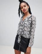 Miss Selfridge Shirt With Tie Front In Snake Print - Gray