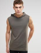 Asos Muscle Sleeveless T-shirt With Hood In Khaki - Spinach