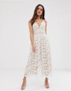 Love Triangle Plunge Front Wide Leg Lace Jumpsuit In White - White