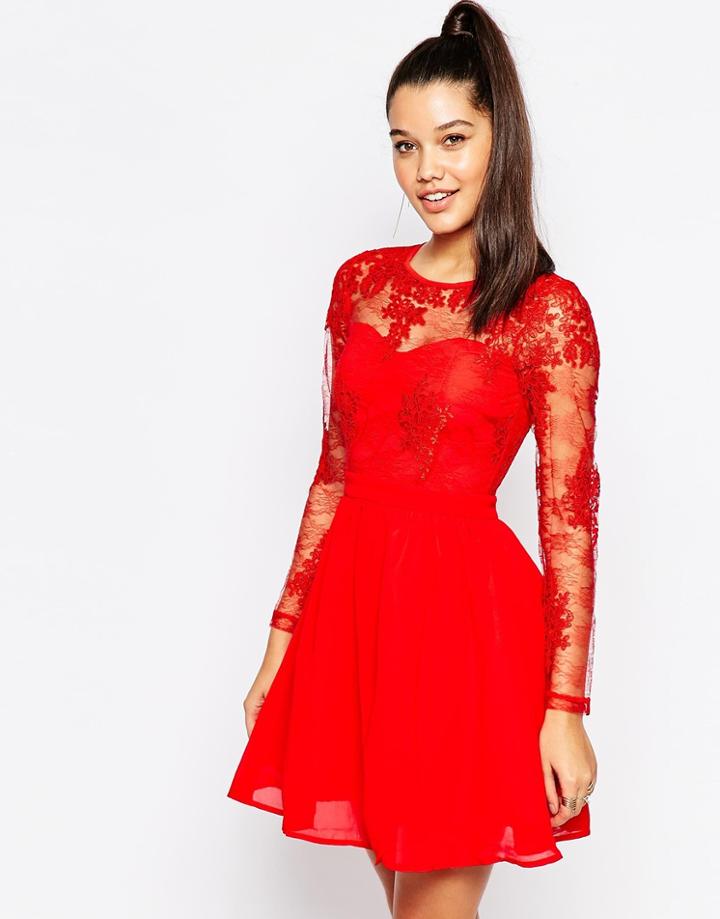 Missguided Lace Sleeve Prom Dress - Red
