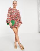 Pieces Ruched Mini Dress In Bright Pink And Red Floral-multi