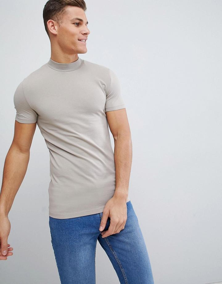 Asos Design Muscle Fit T-shirt With Turtleneck In Beige - Beige