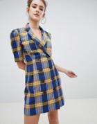 Bershka Check Blazer Dress In Blue - Blue