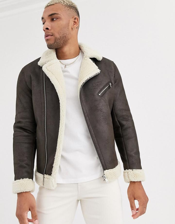 Bershka Borg Aviator Jacket In Brown