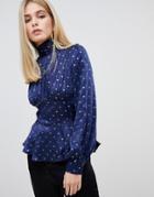Fashion Union High Neck Blouse In Luxe Satin - Navy