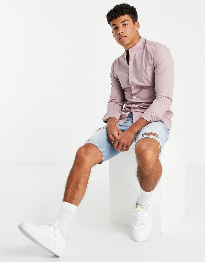 Asos Design Skinny Fit Shirt With Grandad Collar In Mauve-purple