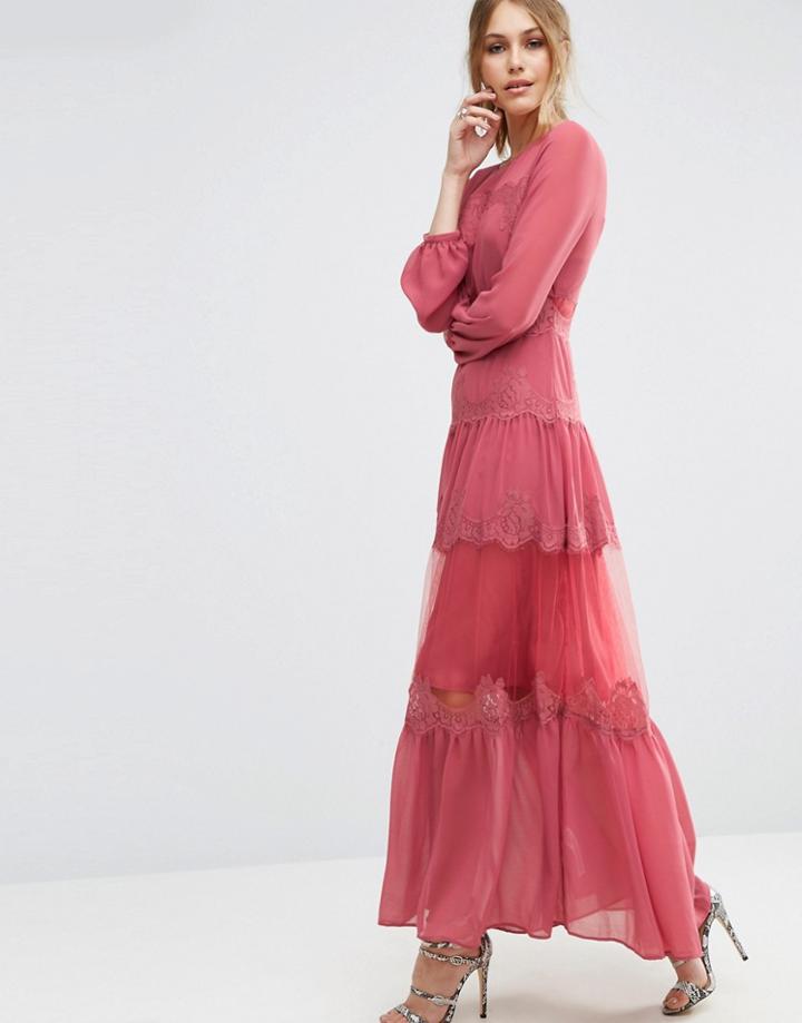 Asos Maxi Dress With Lace Detail - Pink