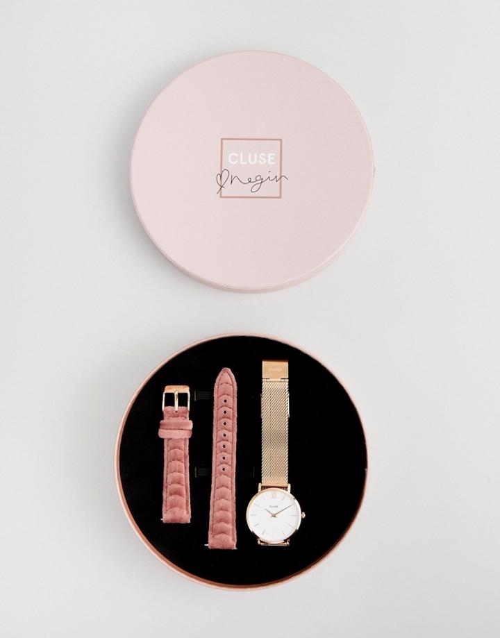 Cluse X Negin Clg006 Minuit Mesh & Velvet Interchangable Strap Watch Gift Box - Gold