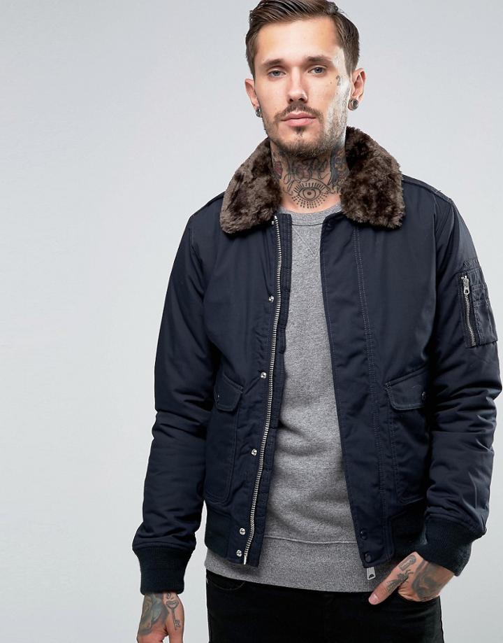 Schott Air Bomber Jacket Faux Fur Collar - Navy