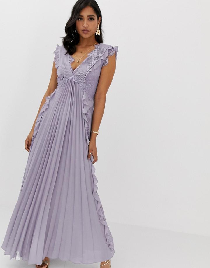 Asos Design Pleated Maxi Dress With Lace Inserts And Ruffle Detail - Purple