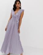 Asos Design Pleated Maxi Dress With Lace Inserts And Ruffle Detail - Purple