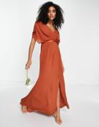 Asos Design Bridesmaid Short Sleeved Cowl Front Maxi Dress With Button Back Detail In Rust-brown