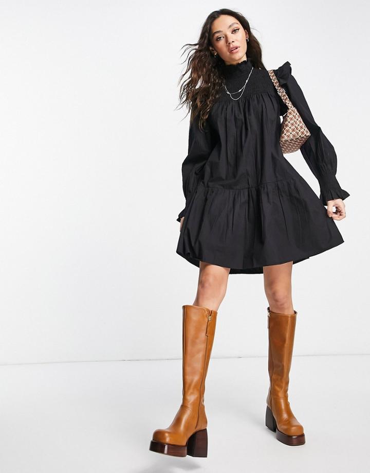 Violet Romance Shirrred Front High Neck Cotton Mini Dress In Black