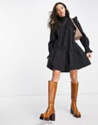 Violet Romance Shirrred Front High Neck Cotton Mini Dress In Black